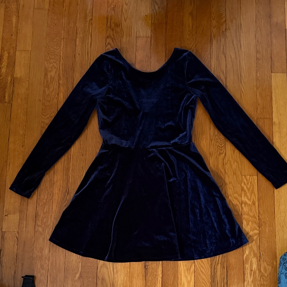 Bethany Mota Velvet Long-Sleeve, Low Back, Skater Dress in Deep Navy